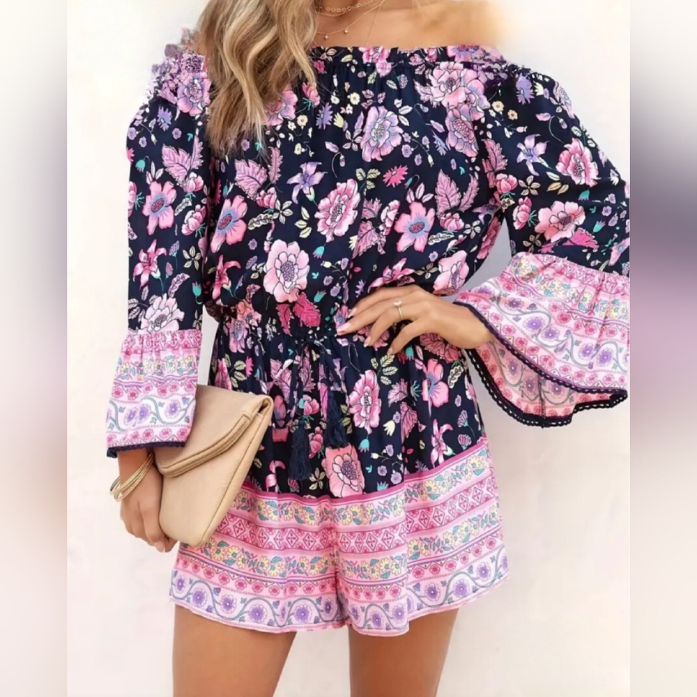 NEW Women's Size 12 Off the shoulder Boho Floral Print Romber